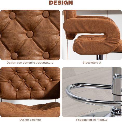 Tabouret de bar réglable, dossier et accoudoirs inclus, repose-pieds intégré, simili cuir marron, hauteur ajustable (1/5)