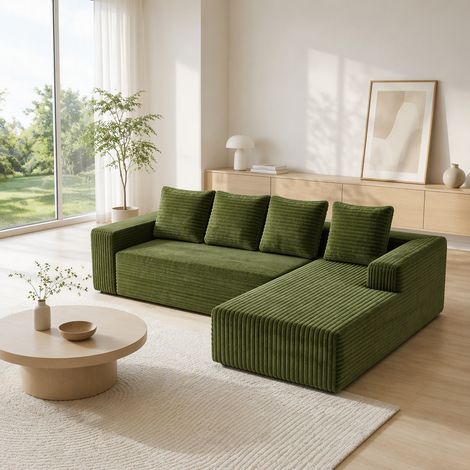 Sofá esquinero Cloud con chaise longue en forma de L, sofá modular con asiento profundo, sofás tapizados con chaise longue a la izquierda para sala de estar o dormitorio, verde (tejido de pana) (1/5)