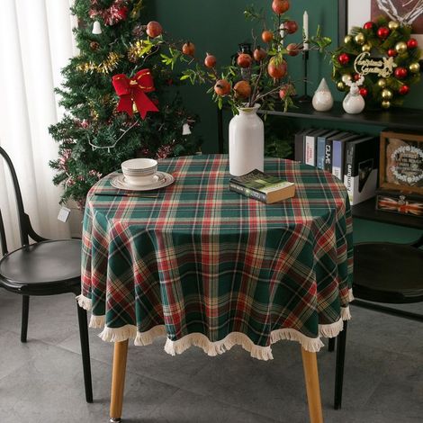 Nappe ronde à carreaux avec pompons, décor végétal pour fête et mariage festif, dimensions 150x150 cm (1/3)