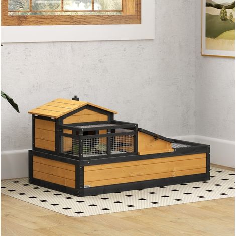 Enclos tortues 112x65x60 cm en bois jaune, 2 niveaux, pour intérieur/extérieur – MEUBLIV (1/5)
