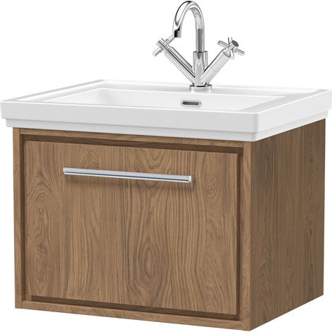 Longnor 1 Drawer Wall Hung Vanity Unit with 1 Tap Hole Traditional Fireclay Basin, Antique Oak, 600mm (1/4)