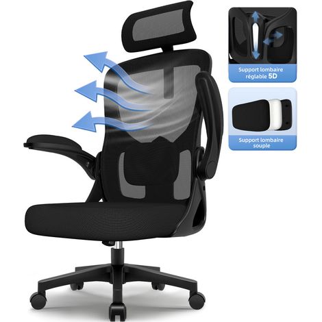 Chaise Bureau Ergonomique, Chaise de Bureau avec Accoudoirs Pliables, Lombaire Réglable, Fauteuil de Bureau Inclinable Pivotant avec Appui-tête 150kg (1/5)