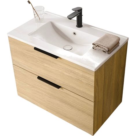 Waschtischunterschrank Bernstein TIM 80cm mit Waschbecken Eiche nebelgrau Metallgriff Schwarz matt