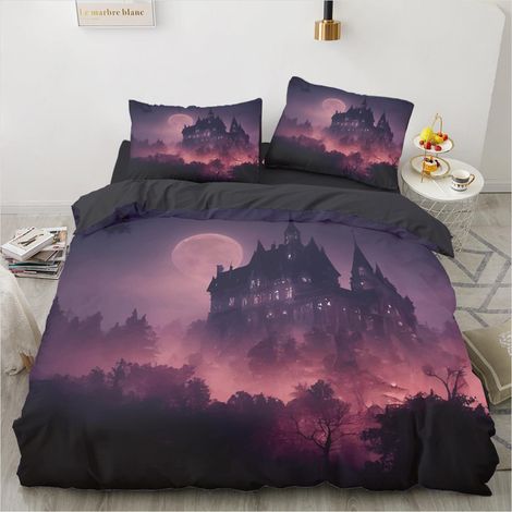 Halloween Bettwäsche 200x200 Schloss Mond Lila 3D Mikrofaser Bettbezug Set 3-teilig