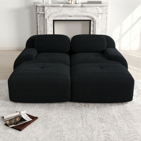Canapé 2 places en velours côtelé, modulable avec chaise longue, antidérapant, accoudoirs ergonomiques et rembourrage haute résilience pour le salon et la chambre, Noir