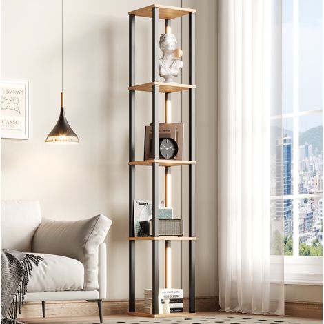 Libreria 26x26x165 cm, illuminazione LED laterale regolabile a tre colori, 4 ripiani aperti, MDF nero e naturale (1/5)