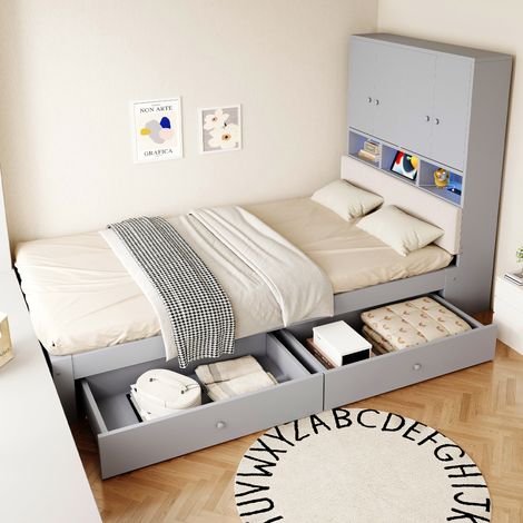 Cama multifuncional de madera, 90 x 200 cm, con respaldo tapizado, cabecero con espacio de almacenamiento, estantes, iluminación LED y toma de corriente, con cajón y somier de láminas, cama individual (1/5)
