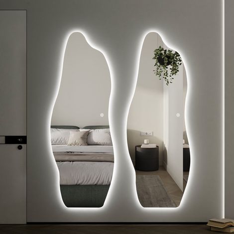 Boromal Ganzkörperspiegel mit Beleuchtung 60x165cm, Asymmetrischer Ganzkörperspiegel mit 3 Lichtfarbe Dimmbar, Standspiegel mit Touch-Schalter für Schlafzimmer, Wohnzimmer und Eingangsbereich (1/5)