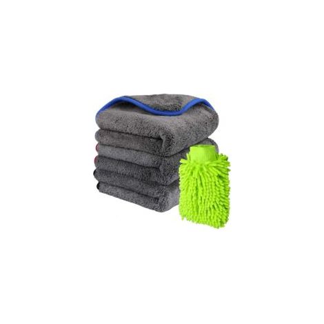 Set mit 3 Autoreinigungstüchern (1000 g/m², doppellagig, extra dick, 42 x 50 cm) und 1 wasserdichtem Chenille-Reinigungshandschuh (super saugfähig, kratzfest) zum Polieren und Waschen – Crezuo