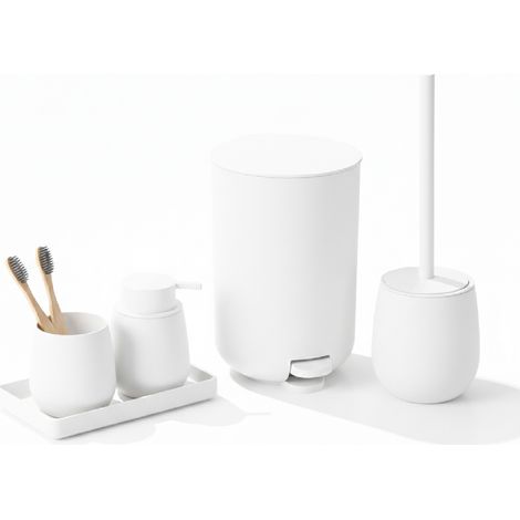 Set Accessori Bagno 6 Pezzi in ABS Completo Pattumiera con Pedale, Scopino WC, Dispenser Sapone, Porta Spazzolini, Bicchiere e Vassoio Antiscivolo Design Moderno e Resistente Bianco (1/4)