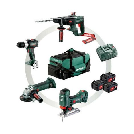 Metabo – Pack de 4 outils électroportatifs 18V – 3 batteries 4.0Ah – Perceuse à percussion, meuleuse, marteau combiné, scie sauteuse – Boîte de rangement incluse