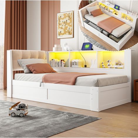Einzelbett 90 x 200 cm mit hydraulischem Stauraum, dimmbarer LED, USB und Regal, Weiß (1/5)