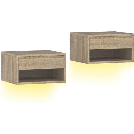 Set 2 Comodini Sospesi 37x32x21 cm con LED RGB Integrati e Regolabili con APP Cassetto e Ripiano in Melamina Color Legno (1/5)