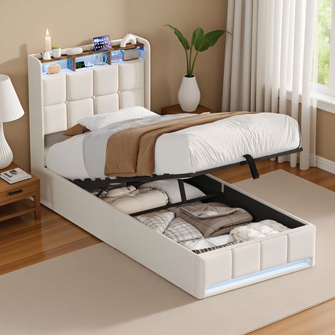 Polsterbett Einzelbett 90x200 cm mit Hydraulischem Stauraum, mit LED und USB-Ladestation, Modernes Jugendbett, Bett mit Kopfteil und Lattenrost, Leinen Beige, Ohne Matratze (1/5)