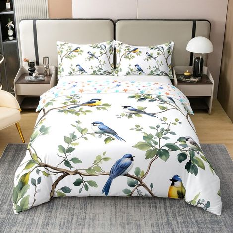 Parure de lit 100 % coton avec housse de couette 200 x 200 cm, motif oiseaux et feuilles, pour enfants filles et garçons - Blanc cassé (1/5)