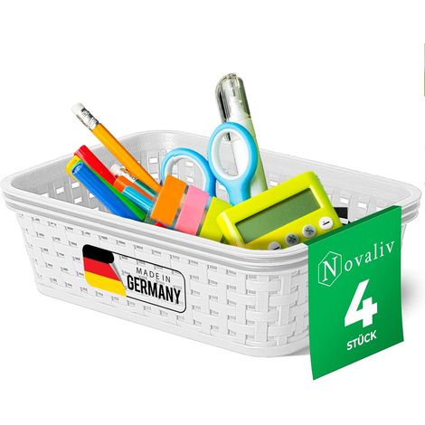 Paniers de rangement élégants Novaliv 4 pièces aspect rotin  Plastique blanc 1L  pour le bureau et la maison. Boîtes de rangement polyvalentes