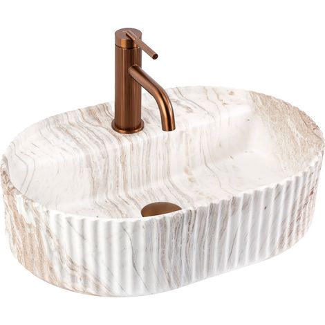 REA – Vasque à poser ovale 500x360mm – Céramique sanitaire beige – Hauteur 135mm – Finition Kallisto effet pierre naturelle
