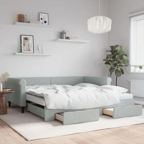 Tagesbett Ausziehbar mit Schubladen Hellgrau 100x200 cm Samt