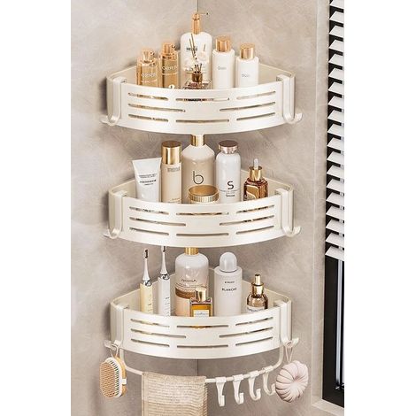 (Lot de 3 blancs avec tringle - voir photo) Étagère d'angle de salle de bain sans perçage, étagère murale en aluminium avec crochets pour porte-serviettes (1/5)
