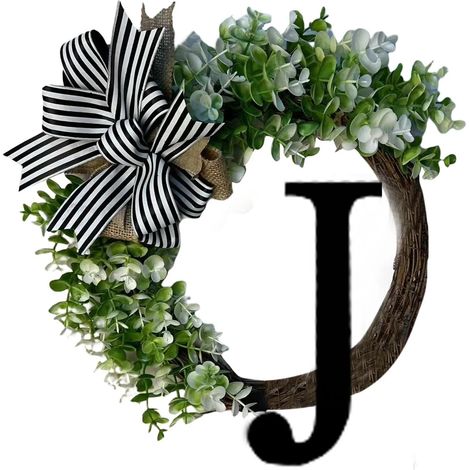 Coronas únicas para la puerta principal de Ffashion con nombre familiar, utilizables todo el año, con lazo, 15 adornos artificiales para el hogar, estilo rústico, fiestas (J)