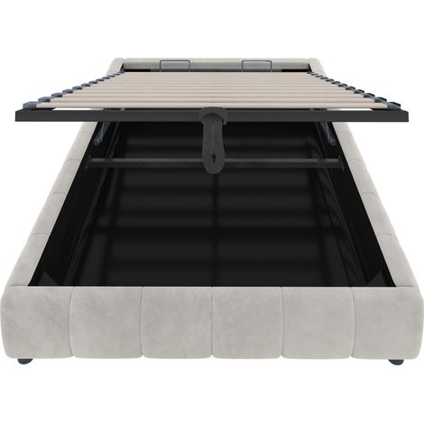 Cama tapizada 140 x 200 cm sin cabecero con LED, cama con almacenaje hidráulico beige (1/5)