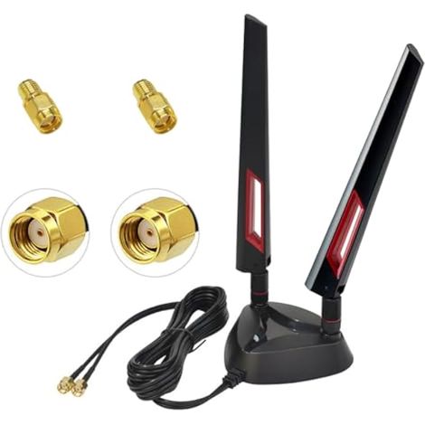 Antenne WiFi 6E AQTAQ tri-Bande WiFi 6 GHz 5 GHz 2,4 GHz RP-SMA, Base magnétique avec câble d'extension de 2 m pour PC, Carte mère Bluetooth, routeur WiFi 6, Appareil Photo, PC de Bureau sans Fil (1/5)