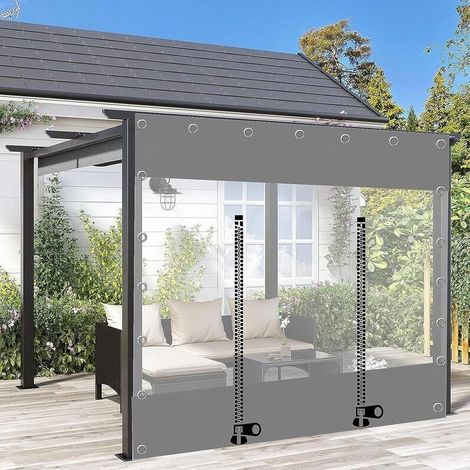 Rideau de bâche transparent gris imperméable 0,5 mm PVC – Œillets métalliques et fermetures éclair double face – Protection contre les intempéries (1/4)