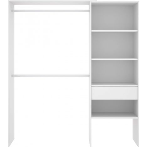 Befara – Dressing ouvert avec tiroir 160-110 cm – 3 étagères fixes 57 x 40 cm – Matériau mélamine haute résistance – Blanc