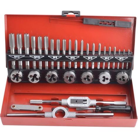 Coffret de 32 Pièces Tarauds et Filières en Acier Allié au Tungstène Métrique Taraud et Filière Vis Outils de Coupe Kit de Filetage de Forage Conique avec étui de Rangement- (1/5)