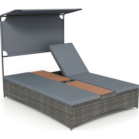 Chaise Longue Double, Bain de Soleil 2 Places avec Auvent et Coussins Amovibles, Dossier Réglable en 5 Positions, 2 Porte-Boissons, Gris (1/5)