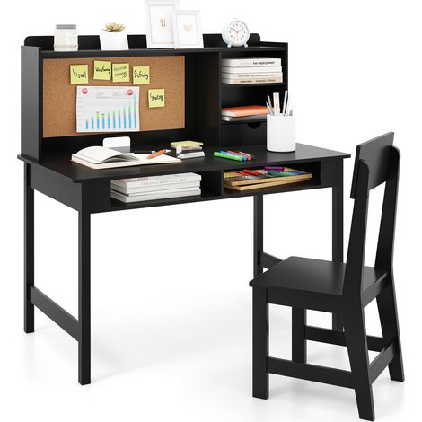 Bureau Enfant 3-6 Ans avec Chaise & Tableau d'Affichage en Liège, Table Montessori avec Étagères, Tiroir, Compartiments Ouverts, Charge 50/75kg, Noir (1/5)