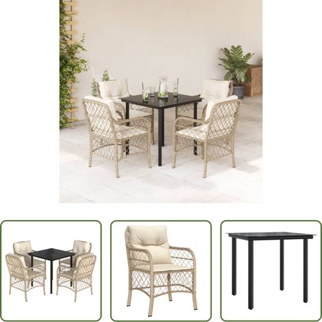 Gartenessgruppe - 5-tlg. Garten-Essgruppe mit Kissen Beige Poly Rattan (1/5)