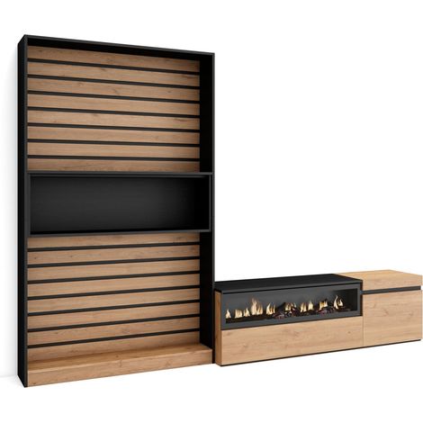 Skraut Home - Muebles de Salón para TV, Conjunto de muebles comedor, 260x186x35cm, Para TV hasta 65", Chimenea eléctrica, Estilo Moderno, Roble y negro (1/5)