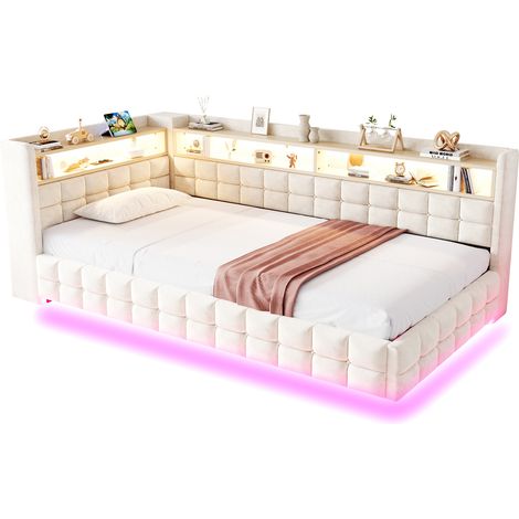 Divano letto imbottito 90 x 200 cm in velluto beige con stoccaggio idraulico, LED, prese USB e Type-C, mensole laterali in legno per camera da letto – CHICFURN (1/5)