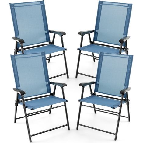 Lot de 4 chaises de jardin pliantes bleues en textilène respirant, dossier haut, verrouillage de sécurité, cadre métallique antirouille, chaise de camping sans montage (1/5)