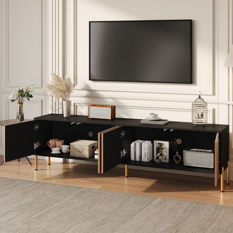 TV-Lowboard mit 4 Grifflosen Türen und Goldenen Metallbeinen, Modern, 179×35×53,5 cm, Schwarz Natur