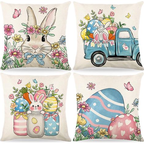 4 Pièces Housses De Coussin 40 X 40 Cm,Taie D'oreiller En Lin,Motif De Lapin De Fleurs Décoration,Pour Canapé Chambre Maison Printemps Décoration (A) (1/5)