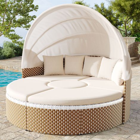 Ensemble Lounge de Jardin, Île Solaire, Table et Chaises en Rotin, Fauteuil Coquille Pliable, Baldaquin Extensible, Plateau Relevable, Beige, Avec Tous Coussins et Assises Inclus (1/5)