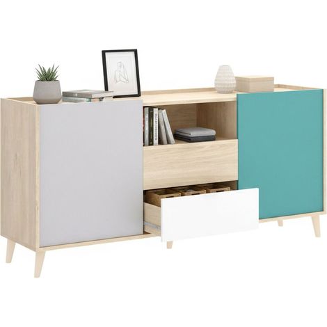 Dmora - Sideboard Rainier, Wohnzimmer-Buffet, modernes Wohnzimmer-Sideboard mit 2 Türen, 155 x 43 x 75 cm, Weiß und Eiche