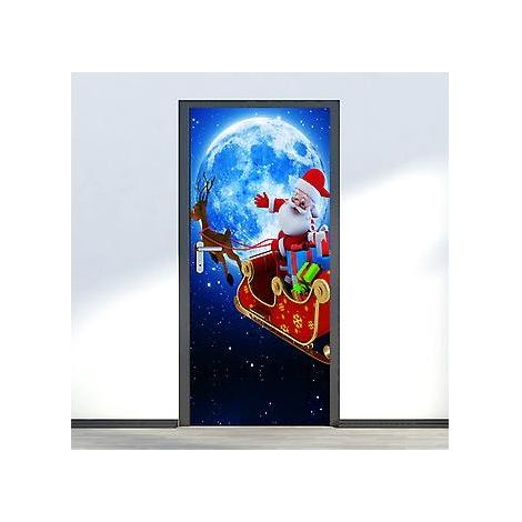 Sticker de porte 77 x 200 cm - Poster mural 3D représentant le Père Noël offrant des cadeaux de Noël aux enfants - Décoration murale en vinyle (1/5)