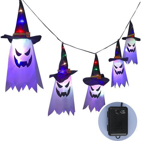 Guirlandes lumineuses d'Halloween en forme de chapeau de sorcière, lampes LED fantômes et de chapeaux de magicien, à piles (1/5)