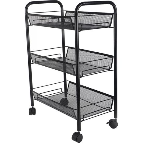 Étagère de rangement en métal avec roulettes, chariot utilitaire mobile en acier inoxydable pour salle de bain, cuisine et légumes, noir, 3 niveaux (1/5)
