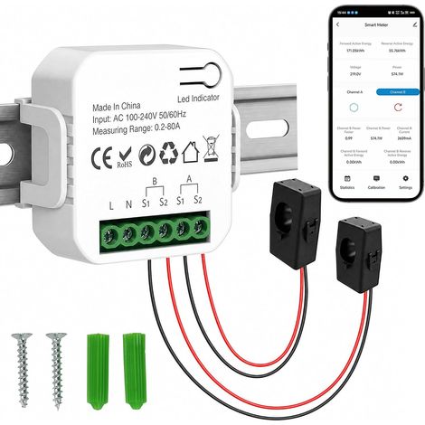 Compteur d'Énergie WiFi Bidirectionnel 80A CT avec 2 Pinces, Compteur Intelligent pour Autoconsommation Panneau Solaire, Compatible Tuya Smart Life, Montage Rail DIN, Sans Passerelle (1/5)