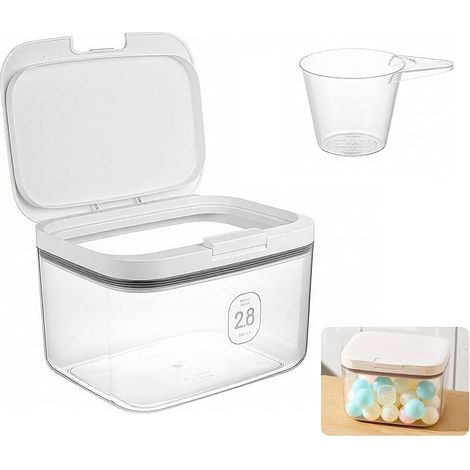 2.8L Boîte Rangement Détergents avec Verre Doseur, Récipient Perles Lessive avec Couvercle, Organisateur Plastique Buanderie, Boite Poudre Laver Grande Capacité, Distributeur Détergent (1/5)