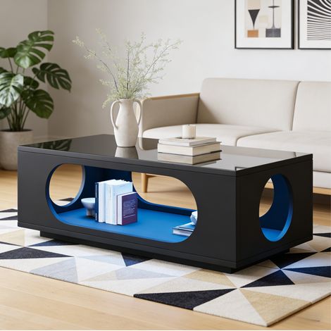 Tavolino da caffè in MDF nero 100 cm con LED controllabile da app e vano portaoggetti (1/5)