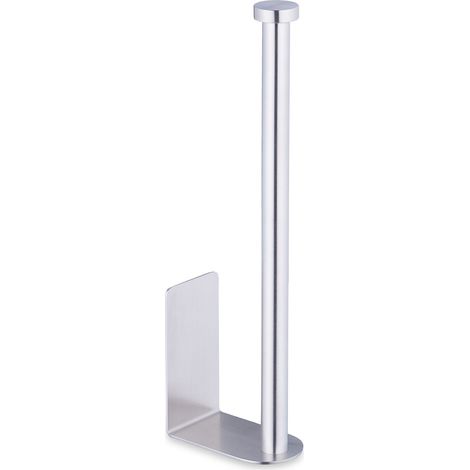 Relaxdays Toilet Roll Holder, Self-adhesive, Holds 2 Spare Rolls, HxWxD 26 x 4.5 x 7.5 cm, No Drill Wall Storage, Silver (1/5)