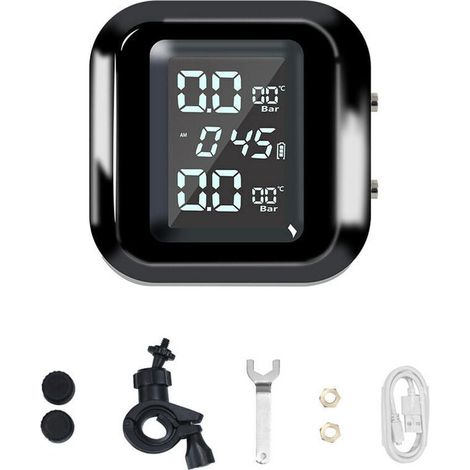 Sistema di monitoraggio della pressione dei pneumatici wireless per motociclette TPMS con ricarica USB per motociclette con 2 sensori esterni, display LCD digitale TPMS per motociclette a due ruote, d (1/5)