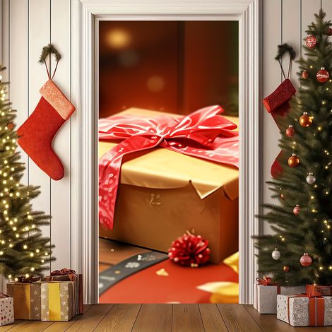 Nouvelle décoration de porte de Noël, bannière avec le Père Noël pour jardin, cour ou extérieur - 90 x 180 cm (perforée + ruban) - 37