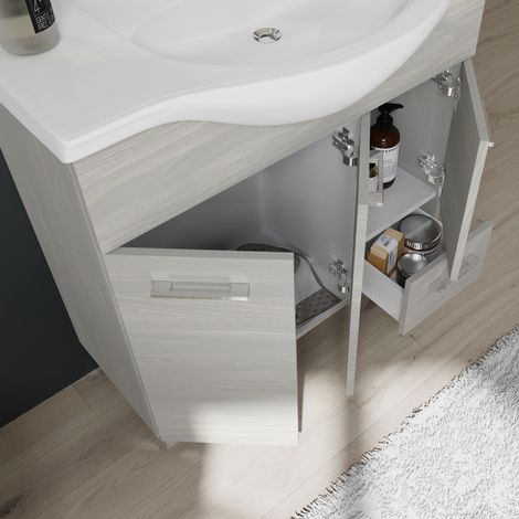 Kiamami Valentina – Meuble de salle de bains 85 cm – Lavabo céramique central – 3 portes et 1 tiroir – Finition chêne gris avec pieds chromés — vue 3