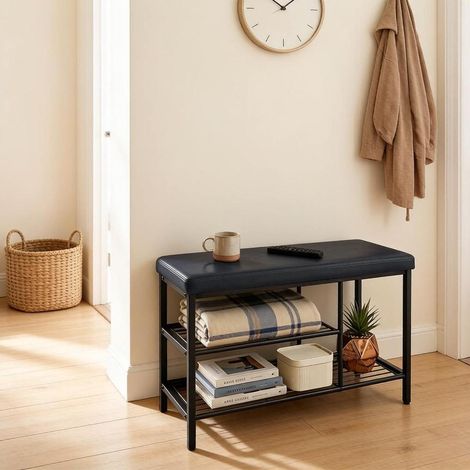 Banc à chaussures 80x30x50 cm en métal noir, gain de place pour entrée FloraGrace (1/5)